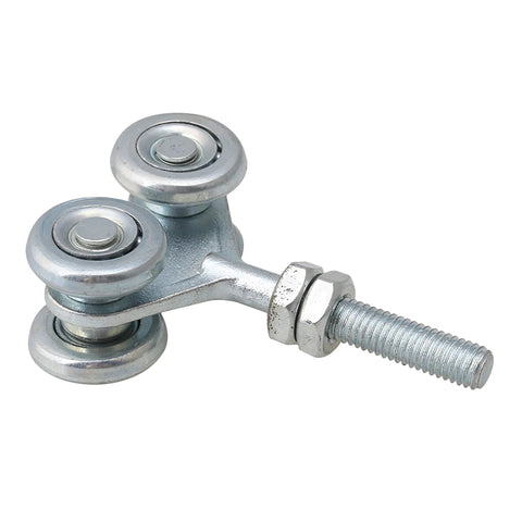 Front view of a Heavy Duty Steel Sliding Door Track Rollers Set with dual pulley design, featuring ball bearing rollers and adjustable components.