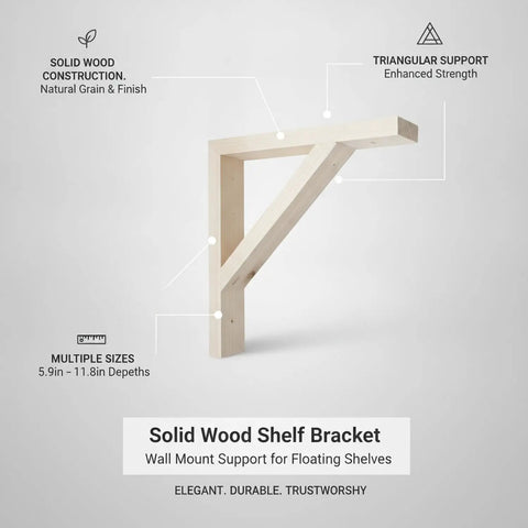 Solid Wood Shelf Bracket for Floating Shelves heavy-duty triangular wall mount support shown with natural grain finish.