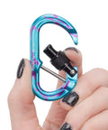Heavy Duty Micro Carabiner With Keylock Screwlock And Captive Eye for secure accessory attachment, held in hand.