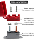 Heavy Duty 30 Amp Automatic Reset Circuit Breaker With Tough Waterproof Red Cover For 12V 24V DC RV ATV Marine Boats And Car Audio Systems component details including red TPE cover, stainless steel screws, and thermal base.