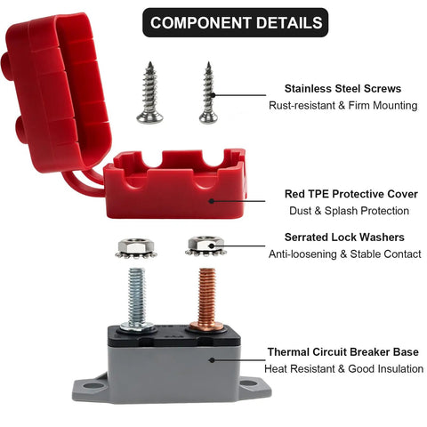 Heavy Duty 30 Amp Automatic Reset Circuit Breaker With Tough Waterproof Red Cover For 12V 24V DC RV ATV Marine Boats And Car Audio Systems component details including red TPE cover, stainless steel screws, and thermal base.
