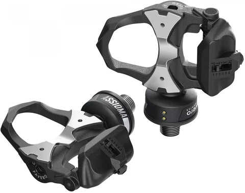 Assioma Duo Upgraded Double Sided Power Meter Pedals shown with dual-sided design and waterproof build for road cycling.