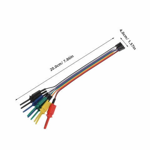 Micro SMD Grabber Clips for Logic Analyzer and Oscilloscope Probes, showcasing multi-colored compact hook leads with dimensions