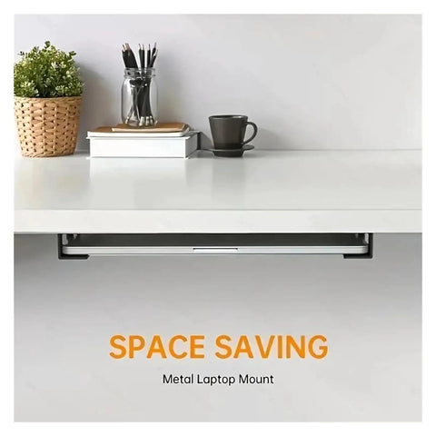 Badass Under Desk Laptop Holder With Metal Mount Shelf For Keyboard Home Office Setup Rock Solid Wrought Iron Bracket Rustproof Coating displayed.
