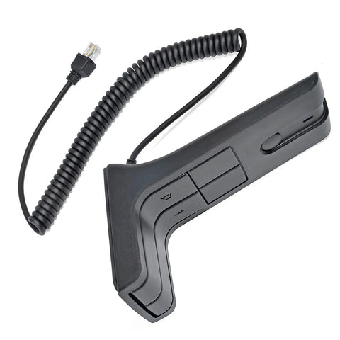 KMC-9C Desktop Microphone For Kenwood Mobile Radios With 8 Pin Plug Base Mic showing coiled cable and large Push-To-Talk button