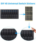 8 Gang Waterproof Toggle Rocker Switch Panel With Blue LED Indicator 12V 24V showing stickers and setup details