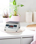 Digital kitchen scale on countertop with display, surrounded by plants and jars, demonstrating usage of 4 Pack Replacement Scale Feet For Electronic Platform Scales With Shock Absorber Design, Universal 1.37 Inch Stable, Rock Solid Heavy Duty Durable Feet For Industrial And Scientific Scales, Improves Balance And Accurate Weighing.