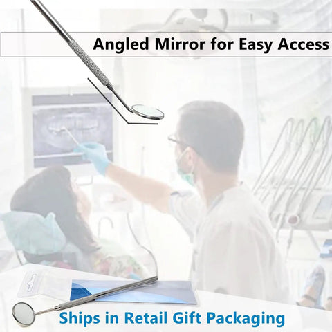 Dental Inspection Mirror With Stainless Knurled Handle 6.5 Inch Total Length 22mm Mirror Diameter Cone Socket For Pro Dental Exams And Home Checkups Durable Stainless Steel Build Easy Grip angled mirror in retail gift packaging