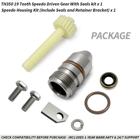 19 Tooth Speedometer Driven Gear And Housing Kit For GM TH350 With Seals And Retainer Bracket White Finish For Classic GM TH350 Turbo 350 Transmissions Restore Accurate Speed Readings