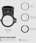 Quarter Turn Seat Post Mount For Wahoo TRACKR Radar with size details and 3 rubber spacers for 27.2mm, 30.9mm, 31.6mm seatposts