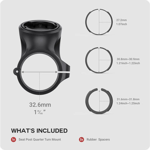 Quarter Turn Seat Post Mount For Wahoo TRACKR Radar with size details and 3 rubber spacers for 27.2mm, 30.9mm, 31.6mm seatposts
