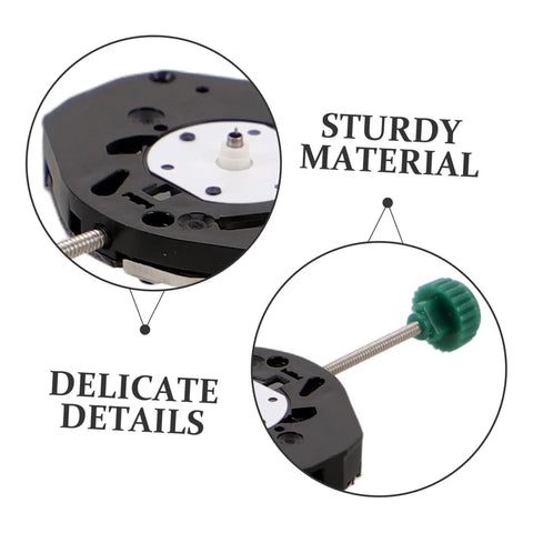 Quartz Movement Replacement Kit 6 Pcs For DIY Watch Repair with close-up on sturdy metal and delicate details