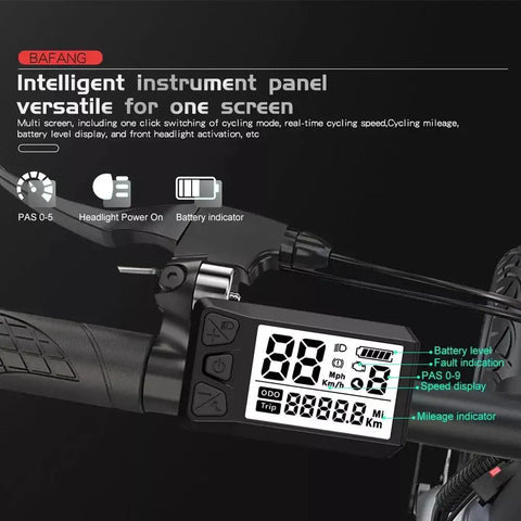 Electric Bike LCD Display For Mid Drive Ebike Kits mounted on handlebar displaying speed, trip, and battery information.