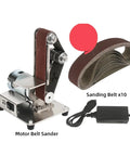 Compact Mini Electric Belt Sander And Grinder Machine For Desktop Use, stainless steel, includes sanding belts for wood and metal.