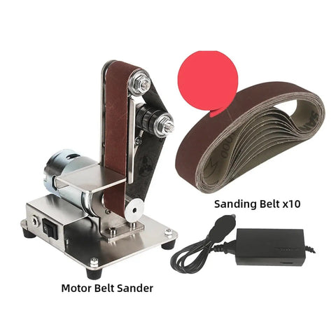 Compact Mini Electric Belt Sander And Grinder Machine For Desktop Use, stainless steel, includes sanding belts for wood and metal.