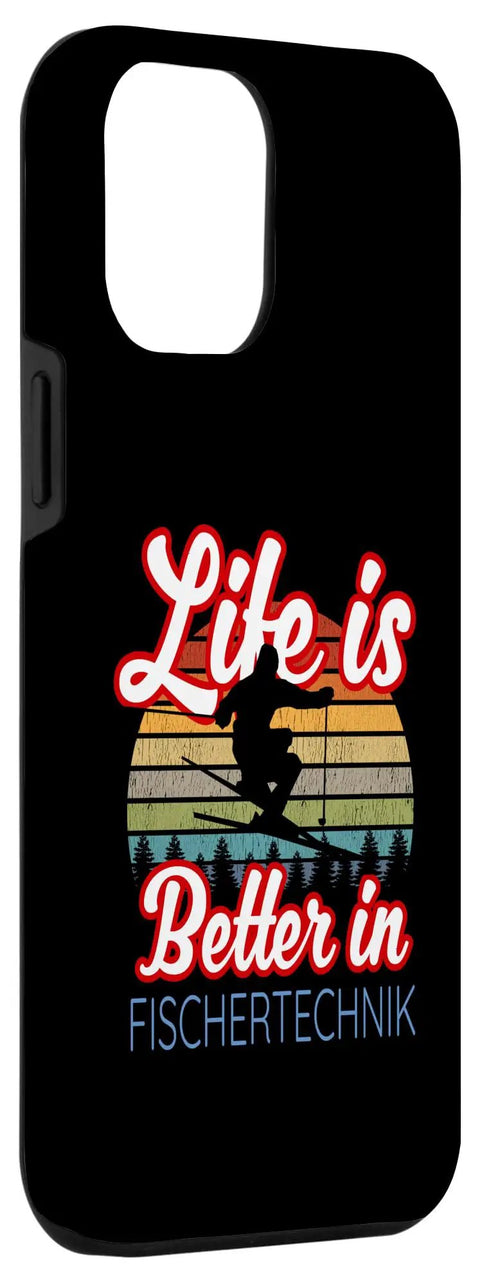 Fischertechnik Inspired Ski Trip Case For Snow Lovers And Souvenir Hunters Life Is Better In Fischertechnik Keeps Your Phone Safe While You Shred The Slopes And Flaunt That Dope Nordic Tech Style. black two-part polycarbonate TPU phone case, ski graphic