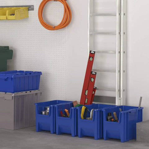Open Front Stackable Storage Bins For Garage And Home Organization, Heavy Duty Plastic Organizer Set In Blue 4 Pack on floor
