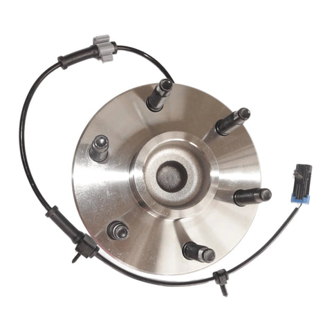 Front view of GM 6-Lug Front Wheel Hub Bearing Assembly with ABS sensor cable for Silverado, Tahoe, and SUVs