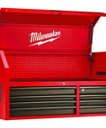 Heavy Duty 16 Drawer Tool Chest And Rolling Cabinet Set 46 Inch Red Black Workshop Storage with open lid and pegboard back.