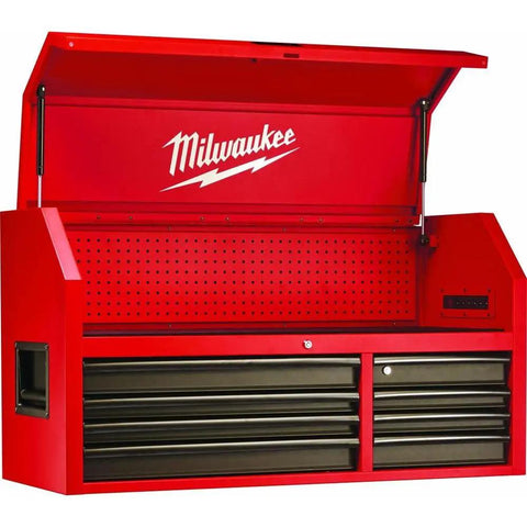 Heavy Duty 16 Drawer Tool Chest And Rolling Cabinet Set 46 Inch Red Black Workshop Storage with open lid and pegboard back.