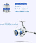 All In One Fishing Pole Combo Kit With 2 Telescopic Rods And 2 Spinning Reels Carrier Bag Lures And Hooks Mono Line Ready To Fish Setup Lightweight Freshwater Travel Set For Easy Carry, showing mono line and spinning reel