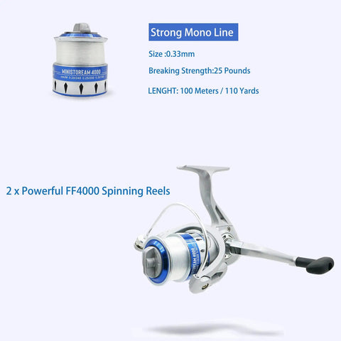 All In One Fishing Pole Combo Kit With 2 Telescopic Rods And 2 Spinning Reels Carrier Bag Lures And Hooks Mono Line Ready To Fish Setup Lightweight Freshwater Travel Set For Easy Carry, showing mono line and spinning reel