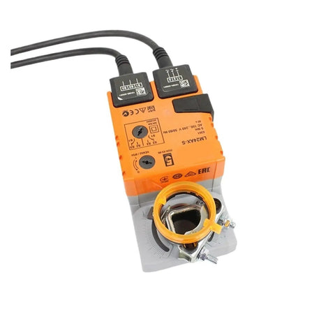 Robust Damper Actuator For Precise Airflow Control In Commercial Facilities With Dead Simple Install And Top Shelf Durability Built Tough For Intechanical Ventilation Upgrades Lm24Ax S, orange casing with wiring.