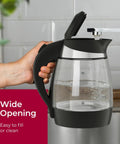 Fast Boil Electric Kettle Cordless With 1500W SpeedBoil displaying borosilicate glass body and wide opening for easy filling