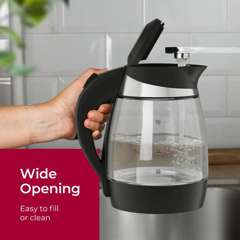 Fast Boil Electric Kettle Cordless With 1500W SpeedBoil displaying borosilicate glass body and wide opening for easy filling