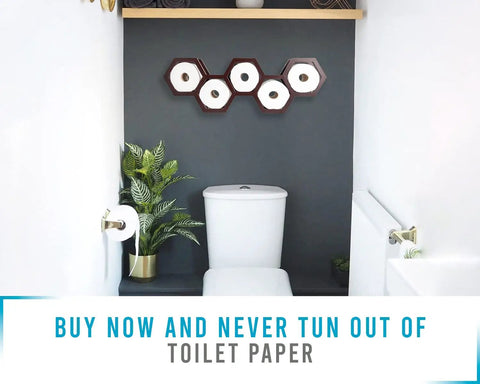 Honeycomb Floating Toilet Paper Holder And Wall Mounted Shelf In Dark Brown Paulownia Wood above white toilet in cozy bathroom