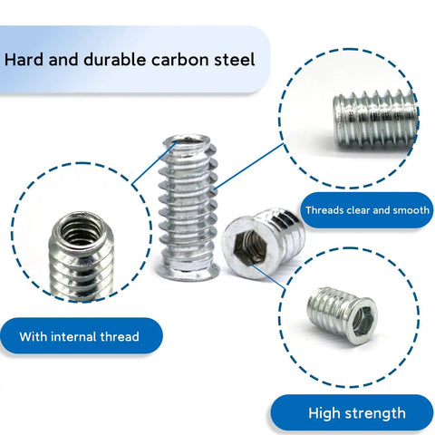 Top Shelf 28 Piece Zinc Plated Steel Threaded Inserts Kit Featuring 5/16 18 Allen Hex Socket Drive Furniture Nuts For Heavy Duty Woodworking Tasks Built Damn Tough showing smooth internal threads and high strength finish.