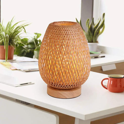 Handcrafted Bamboo Wood Table Lamp With Natural Base For Bedroom And Desk Eye Caring Night Light Retro Reading Lamp Eco Friendly Home Decor Handicraft Gift For Cozy Spaces on desk with plants