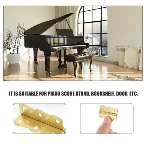 Copper Butt Hinges 4 Pack For Cabinet Doors And Tool Boxes Folding Hinge with smooth surface, shown near piano and shelf.