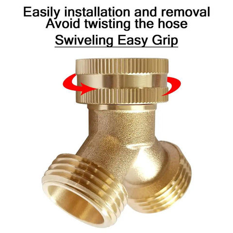 Brass 2 Way Y Shaped Garden Hose Splitter, 3/4 Inch GHT Inlet To Dual 3/4 Inch GHT Outlets, Swivel Connector, No Valve, Double Outlet Pipe Fitting With Washer For Easy Water Distribution, brass hose splitter with swivel top