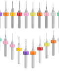 Pro Grade Tungsten Steel Micro Drill Bits Set 0.3 To 1.2 mm For PCB And Rough Stone Jewelry Engraving Fine Flute CNC Router Bits With Shank 20 Piece Jewelry Punching Precision Bits arranged in multiple colored placements.