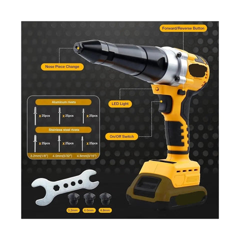 Cordless Brushless Rivet Gun Kit With LED Light, 3 Nosepieces, 150 Rivets, Case, ideal for aluminum and stainless steel use
