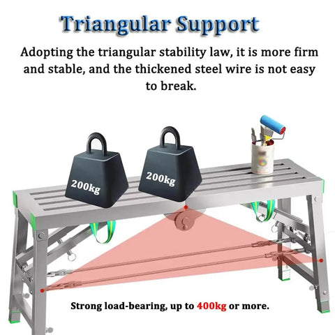 Top Shelf Folding Work Platform And Scaffold Tower With Adjustable Height showing triangular support and weights on steel frame.