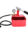 Professional 1000 PSI manual hydraulic pressure test pump, red metal body with gauge and flexible hose