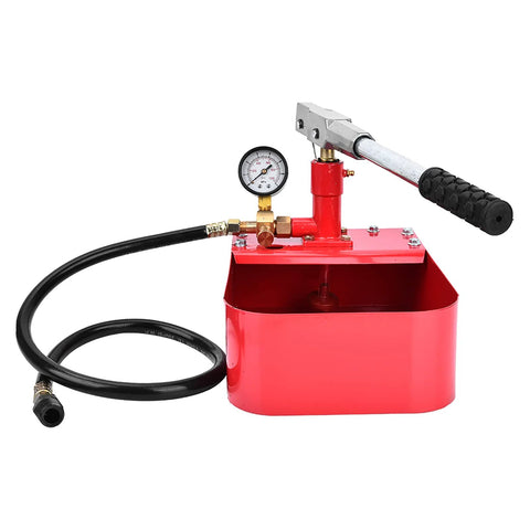 Professional 1000 PSI manual hydraulic pressure test pump, red metal body with gauge and flexible hose