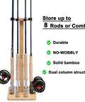 Eight Rod Floor Stand For Fishing Poles Bamboo Base Storage Rack with four rods, text listing features on right