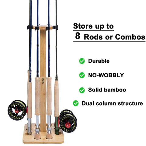 Eight Rod Floor Stand For Fishing Poles Bamboo Base Storage Rack with four rods, text listing features on right