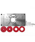 Premium Aluminum Router Table Insert Plate For Woodworking Benches With Four Secure Centering Rings and mounting hardware laid out.