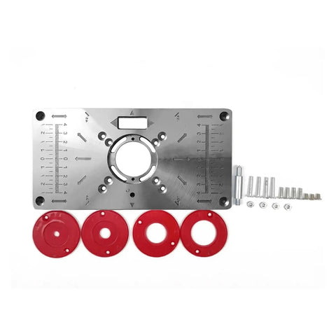 Premium Aluminum Router Table Insert Plate For Woodworking Benches With Four Secure Centering Rings and mounting hardware laid out.