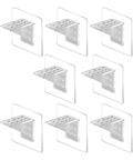 Removable Cabinet Shelf Brackets with Clear Adhesive Backing arranged in a grid, no drill installs for damage-free wall mounts.