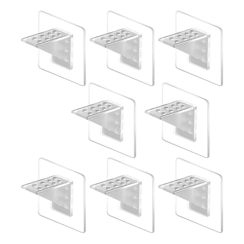 Removable Cabinet Shelf Brackets with Clear Adhesive Backing arranged in a grid, no drill installs for damage-free wall mounts.