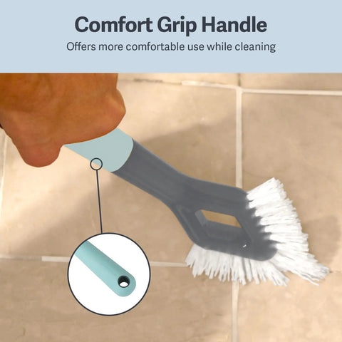 Heavy Duty Tile And Grout Scrub Brush With Angled Tip For Grout Joints, Nonslip Comfort Grip Handle, gray and aqua color in use