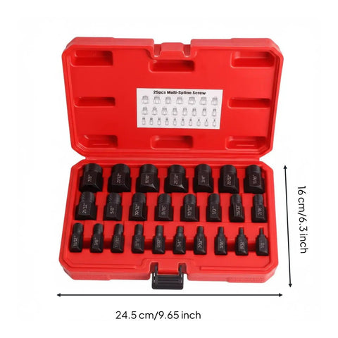 Heavy Duty 25 Piece Screw Extractor Set And Bolt Remover Kit For Stripped Fastener Repair. red case, 24.5 cm wide