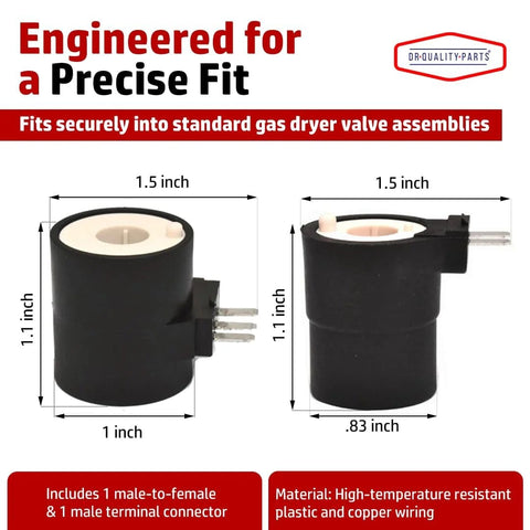 DR Quality Parts dryer gas valve ignition solenoid coil kit; black plastic coils with metal terminals, 2-prong and 3-prong valve coils.