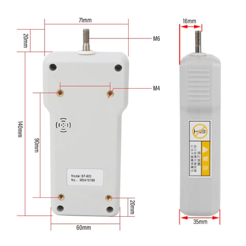 SF 500 500N Digital Force Tester Push And Pull Dynamometer With 100 240V Power High Precision Sensor Fast Readouts And Long Battery Life Ideal Workhorse For Lab And Shop Testing, rear and side dimensions