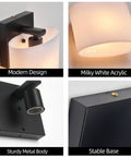 AuroraSpher Indoor Hardwired Modern Milky White Acrylic Black Wall Sconce detail featuring modern design and sturdy metal body.